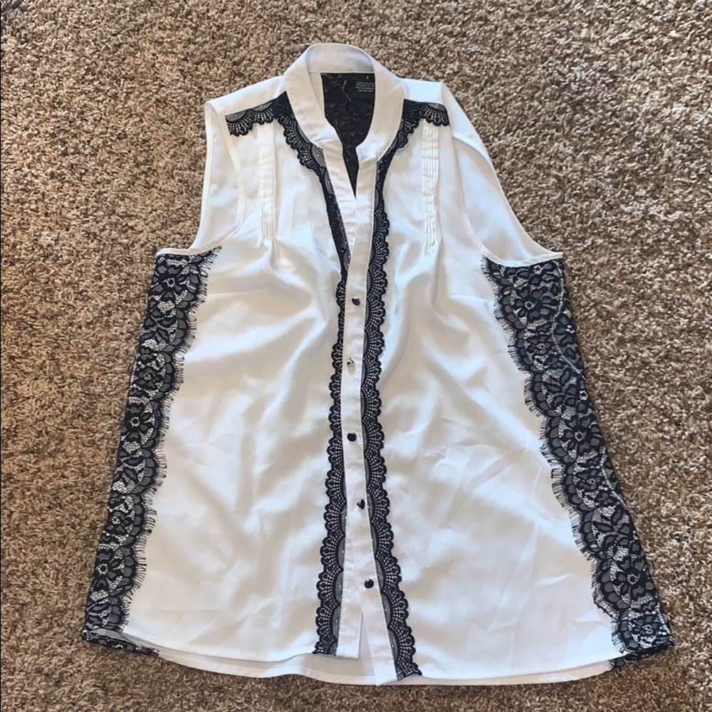 Black Lace Trimmed Button Up Blouse